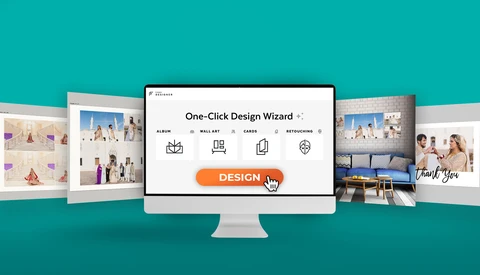 Screenshot of a one-click design wizard interface with category icons and a prominent orange design button.