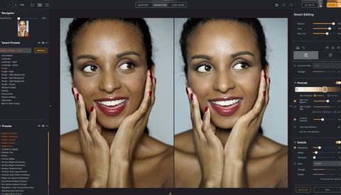Before and after portrait comparison showing skin retouching adjustments on a woman's face.