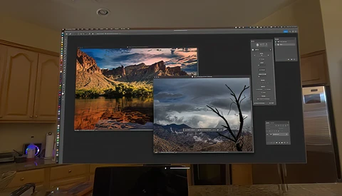 Screenshot of photo editing software displaying multiple landscape images with desert and water scenes.
