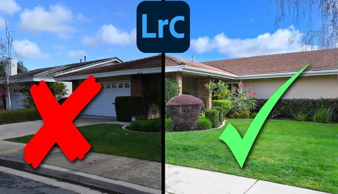 Before-and-after comparison showing landscape photography editing with Adobe Lightroom, marked with red X and green checkmark.