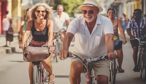 Couple riding bicycles down a sunny street lined with pedestrians and colorful buildings.
