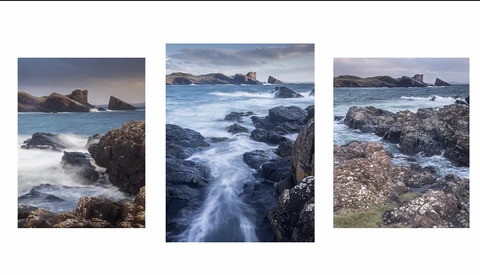 Triptych of rocky coastlines with crashing waves and long exposure water effects.