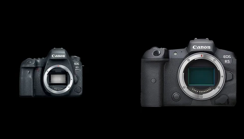 Canon EOS 6D Mark II and Canon EOS R5 mirrorless cameras displayed side by side against a black background.