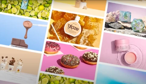 Collage of vibrant product photography featuring styled flat lays with colorful backgrounds and food items.