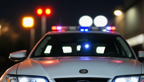 Police car with activated emergency lights at night, viewed head-on from low angle.