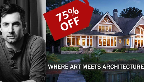 Promotional graphic combining a portrait of a man on the left with a modern house exterior on the right, overlaid with a red banner stating "75% OFF" and text reading "WHERE ART MEETS ARCHITECTURE."