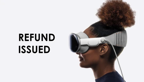 Person wearing a VR headset in profile against a light background with "REFUND ISSUED" text.