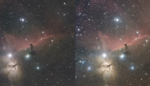 Horsehead and Flame nebulae region showing dark dust clouds silhouetted against glowing hydrogen gas and star field.