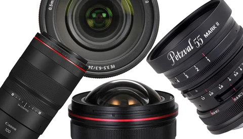 Four camera lenses arranged on a white background, displaying various focal lengths and designs.