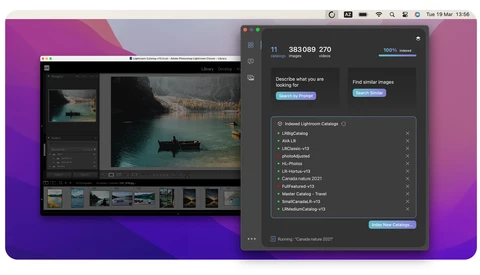Screenshot of photo editing software showing a landscape image of a boat on a lake alongside a catalog browsing interface.