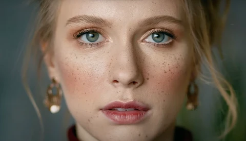 Portrait of a woman with freckles and blue-green eyes looking directly at camera.
