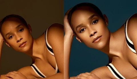 Beauty portrait with split background showing warm and cool color grading.