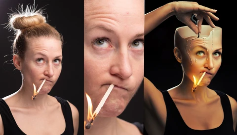 Three portrait photographs showing people with illuminated cigarettes creating light painting effects against dark backgrounds.