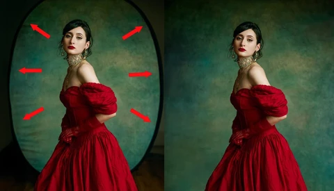 Woman in red off-shoulder gown against green backdrop, shown before and after editing with directional arrows indicating vignetting adjustments.