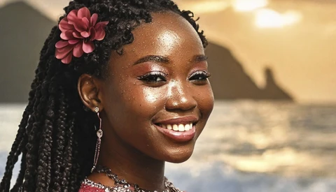 Young woman with braided hair and pink flower accessory smiling at camera against ocean backdrop.