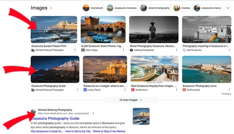 Screenshot of Google Images search results for Essaouira photography resources and guides.