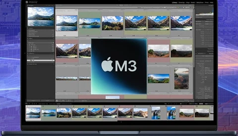 Screenshot of photo editing software displaying landscape photographs in a grid layout with an M3 chip logo overlay.