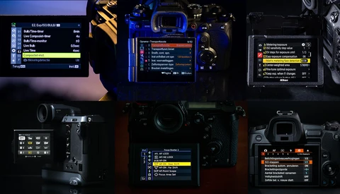 Screenshot showing multiple camera menu displays with histogram data, exposure settings, and color information overlaid on photography equipment.
