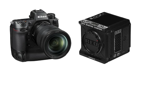 Nikon Z9 mirrorless camera with zoom lens next to RED digital cinema camera body.