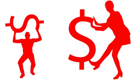 Illustration of two red silhouettes: one figure lifting a currency symbol and another carrying a dollar sign.