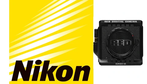 Nikon logo with yellow and white diagonal stripes next to a RED Digital Cinema camera body.