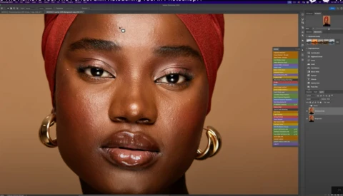 Portrait of a woman with warm brown skin tone, gold hoop earrings, and red head wrap against a neutral tan background.