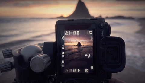 Camera display screen showing live view of a coastal rock formation at sunset during golden hour.