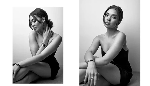 Two black and white portrait photographs showing seated women in contemplative poses with directional lighting.