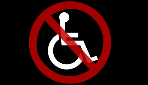 Graphic illustration of a prohibited symbol overlaid on a wheelchair accessibility icon.