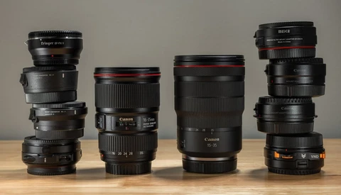 Four stacked camera lenses of varying focal lengths arranged in ascending height order against a neutral background.