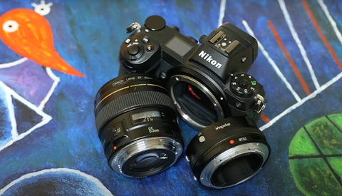 Nikon camera body with Canon and Minolta lenses arranged on colorful illustrated background.