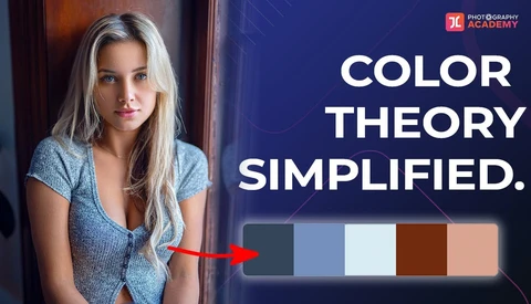 Portrait of a woman with long blonde hair wearing a blue shirt, with a color palette strip displayed below showing complementary tones.