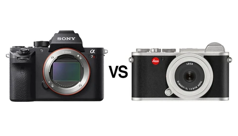 Sony a7 full-frame mirrorless camera body compared side-by-side with Leica CL compact rangefinder camera.
