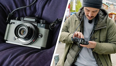 Split-frame comparison of a vintage rangefinder camera and a photographer holding a compact digital camera.