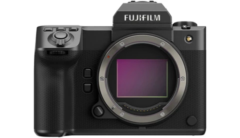 Fujifilm GFX mirrorless camera body front view with open sensor bay.