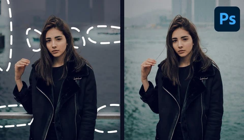 Side-by-side comparison showing portrait editing before and after in Photoshop.