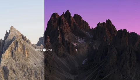 Before and after comparison of mountain peaks with dramatic sky color grading adjustments.