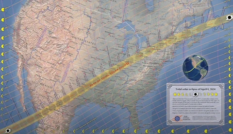 Map of the United States with a yellow diagonal band indicating the path of a total solar eclipse across the country.