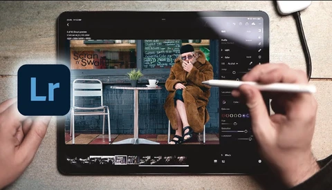 Screenshot of Adobe Lightroom editing interface on tablet with Lr logo displayed.