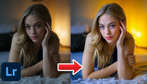 Before and after comparison showing portrait editing adjustments in Lightroom, with warmer color grading applied on the right.