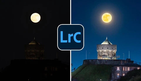 Split-screen comparison of a hilltop tower photographed in darkness and twilight, with LrC logo centered between them.
