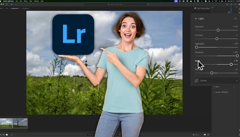 Woman in light blue shirt pointing at Lightroom logo against outdoor landscape background.