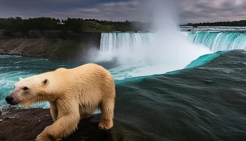 Polar bear standing on rocky shore with massive waterfall and turquoise water in background.