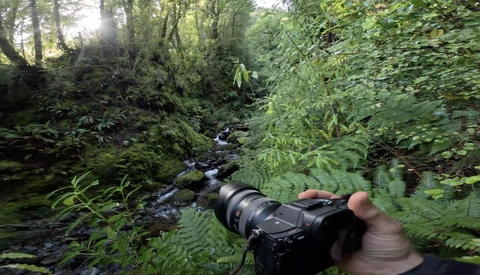 Photographer holding a telephoto lens aimed at a forest stream surrounded by dense green vegetation.