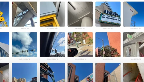 Grid of 15 urban photography thumbnails showing architectural details, street signs, and cityscapes with varied lighting and angles.
