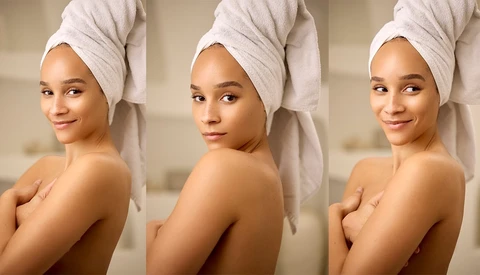 Three-frame beauty portrait series showing a woman with a towel-wrapped head in varied poses and expressions.