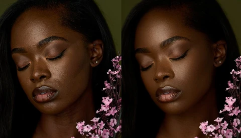 Side-by-side comparison of portrait retouching showing skin texture enhancement on a woman's face.