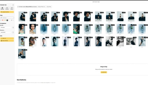 Screenshot of a photo management interface displaying a grid of portrait thumbnails with filtering and sorting options.