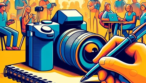 Illustration of creative professionals working with photography and design tools in a collaborative studio setting.