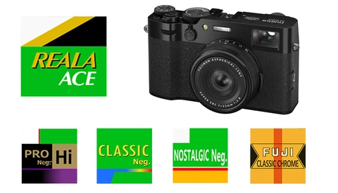 Fujifilm X100V compact camera alongside vintage film stock boxes including Reala ACE, Pro Hi Neg, Classic Neg, Nostalgic Neg, and Classic Chrome.